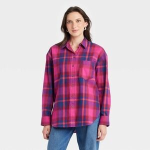 Universal Thread Shirt Womens XS Pink Plaid Oversized Flannel Button Front Top